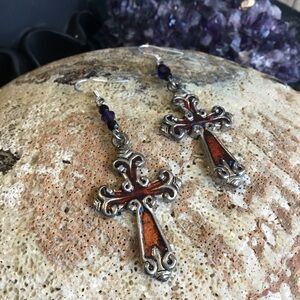Gothic Red Enamel Cross Earrings - Crystal Accent Jewelry